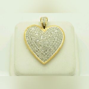 Heart Pendent 1ct Real Pave' Diamonds Set In 14k White And Yellow Real Gold.